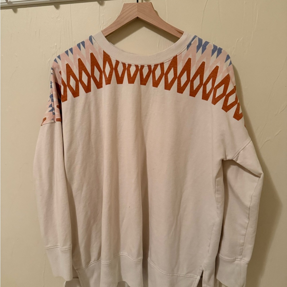 LuLaRoe Cream Sweatshirt with Rust Geometric Yoke and Light Blue Logo